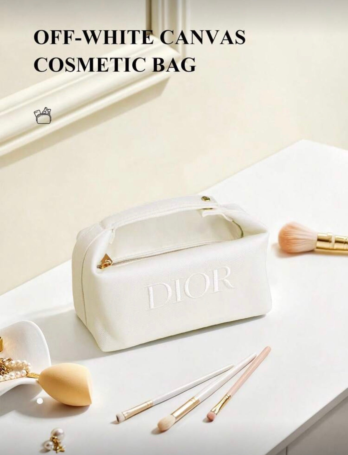 Dior Inspired Off-White Canvas Tote Makeup Bag