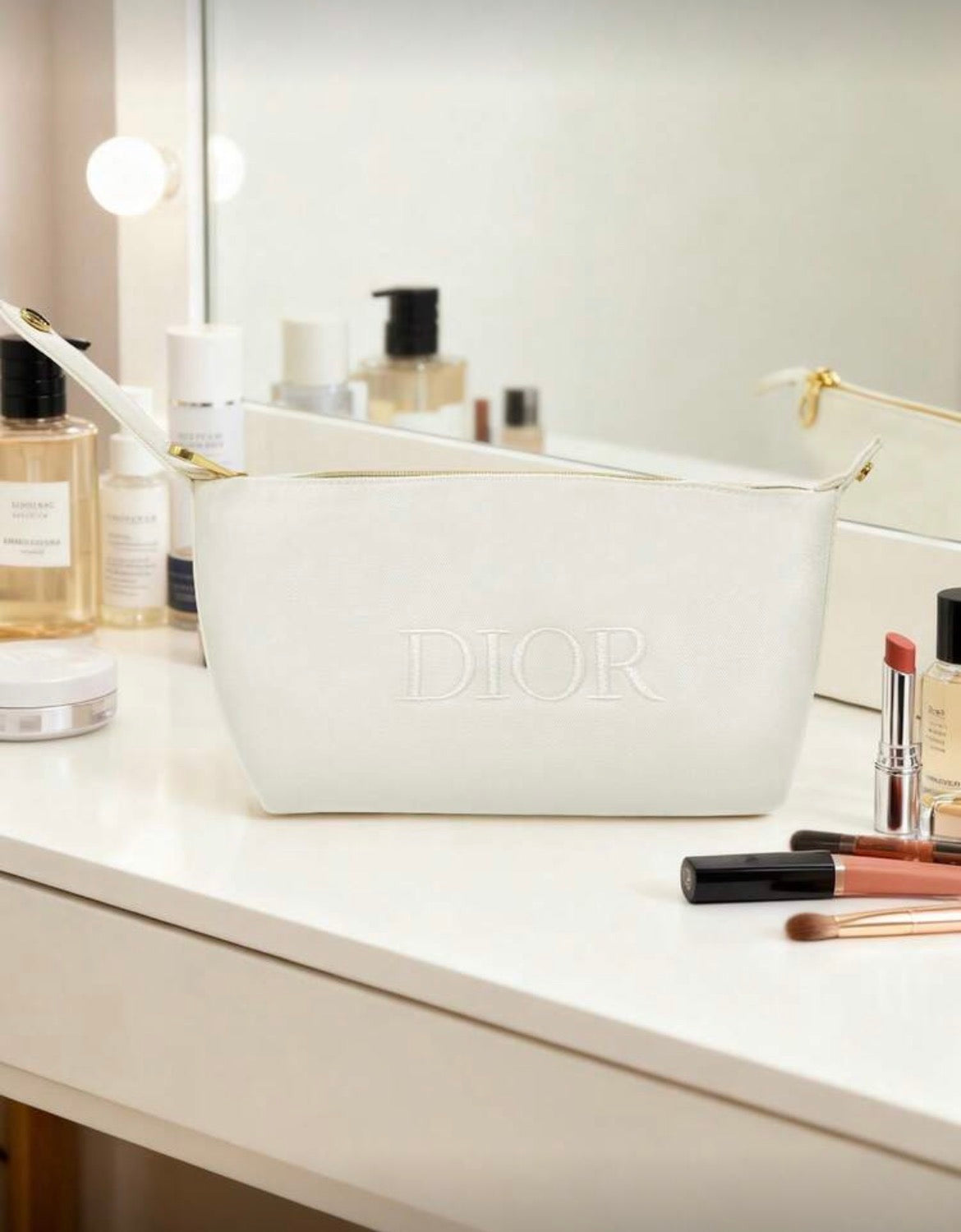 Dior Inspired Off-White Canvas Tote Makeup Bag